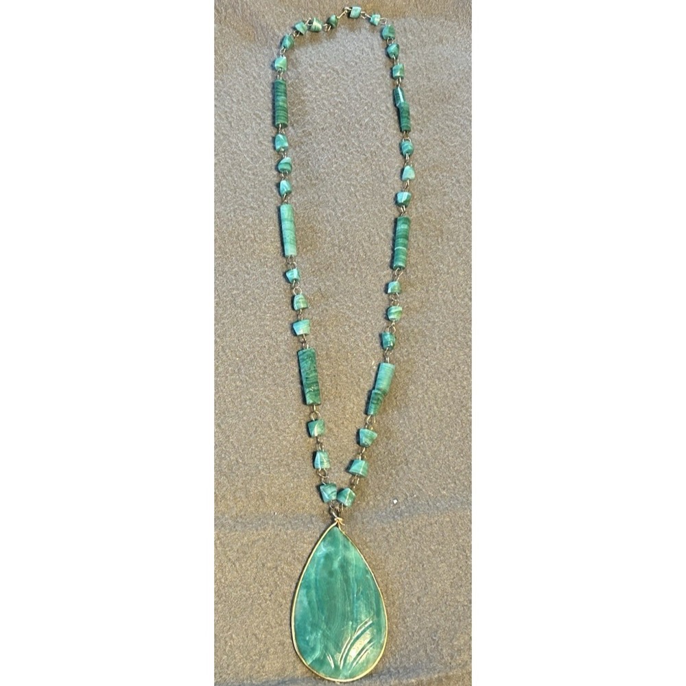Vintage Teardrop Ammonite Gemstone Necklace Handcrafted Hook 29"